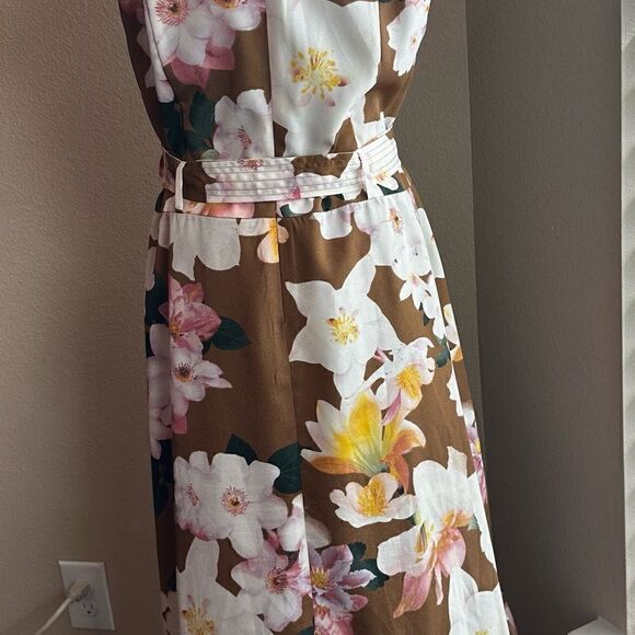 Calvin Klein Size 8 Sleeveless Brown Floral Print Belt w/Ruffle Hem Spring Dress - Picture 9 of 15